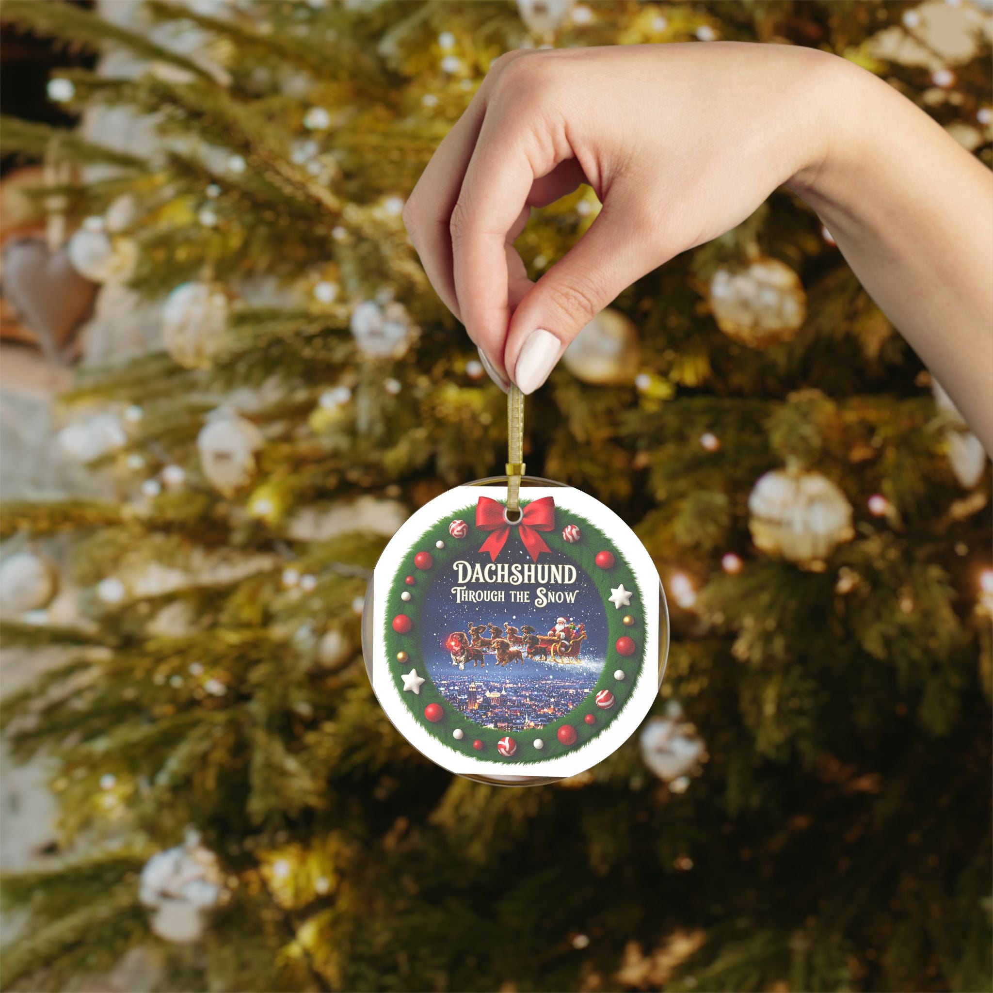 Dachshund Through the Snow Glass Christmas Ornament