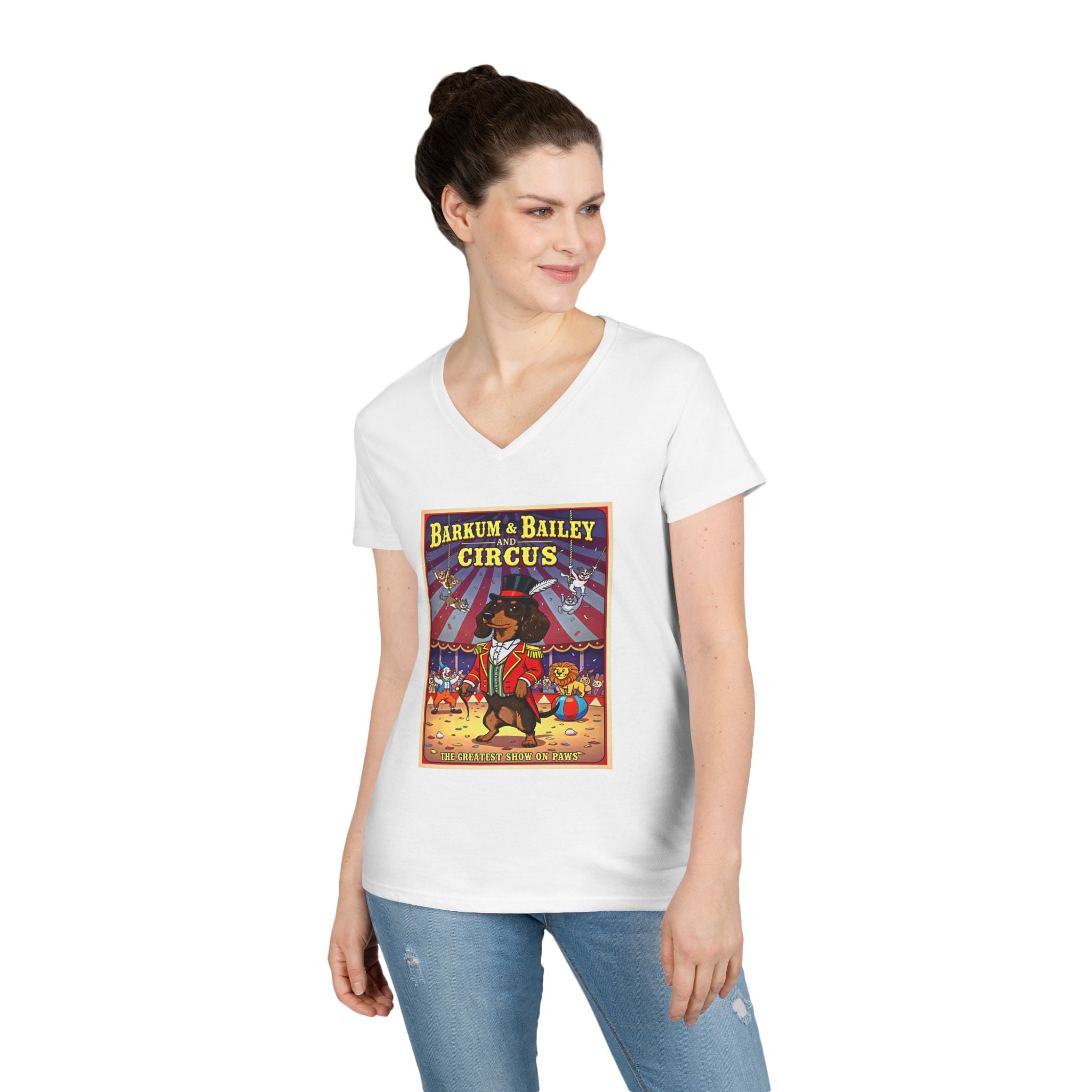 Dachshund Circus-Themed Ladies' V-Neck T-Shirt