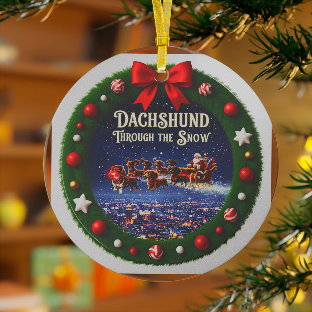 Dachshund Through the Snow Glass Christmas Ornament